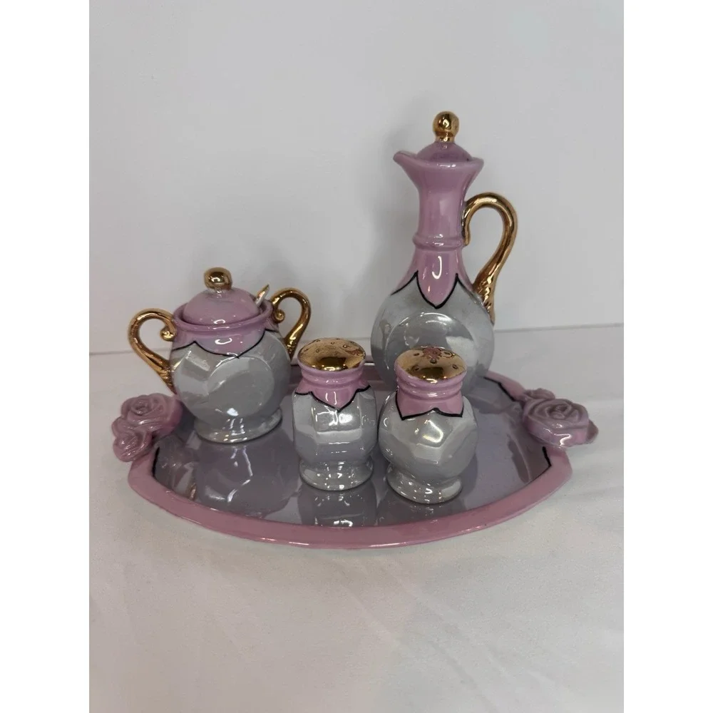 Vintage Trico Japanese Hand Painted Set For Tea‎ Oil Sugar Salt Pepper And Tray